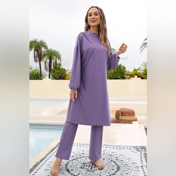 Cap, Drawstring Mock Neck Long Sleeve Top and Pants Swim Set - Picture 2 of 10